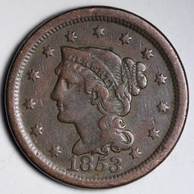 1853 Braided Hair Large Cent CHOICE VF E205 RNC