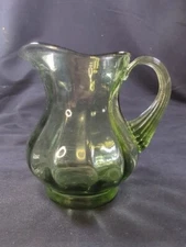Vintage Clear Green Glass Ribbed Handle Bumpy Hand Blown Small Pitcher 4.5" Rare