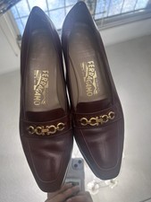 Salvatore Ferragamo Brown Leather Shoes Gold Chain Size 9 Women  s Made In Italy