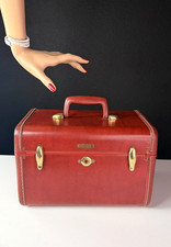 Vintage 1940s brown red train case hard small suitcase leather trim brass 1950s