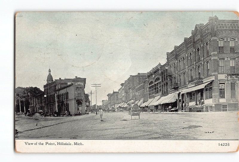Hillsdale Michigan MI Postcard 1911 View Of The Point Street Scene
