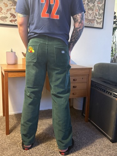 OBEY Men’s Green Corduroy Pants 30W Straight Leg Embroidered Fruit Pockets