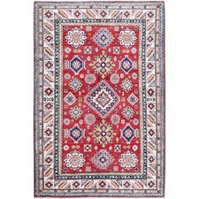 4'x6' Red Kazak with Geometric Medallions Design Soft Wool Hand Knotted Rug R426