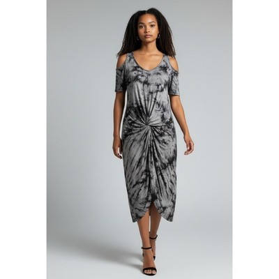 Wekili Grey Black Tie Dye Cold Shoulder Front Knot Midi Dress Womens Medium
