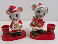 Vintage Napcoware Christmas Mice Taper Candle Holder Pair #X-8590 with Labels