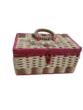 Vintage Small Child's Sewing Basket Woven Wicker Straw Flowers Made In Japan