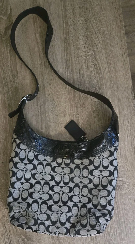 Coach Sophie Logo Patent Leather Gray Black Zip Crossbody Hobo Bag Purse # 12568 - Image 2 of 4