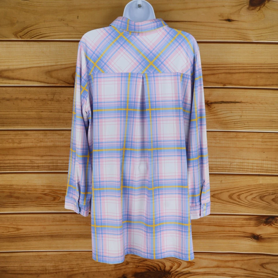 Woman Within Long Sleepshirt Womens L Colorful Plaid Collared Long Sleeves Soft - Image 2 of 4