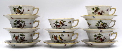 Antique Set of 8 Herend Rothschild Bird Cup & Saucers, Circa 1920, Hand Painted