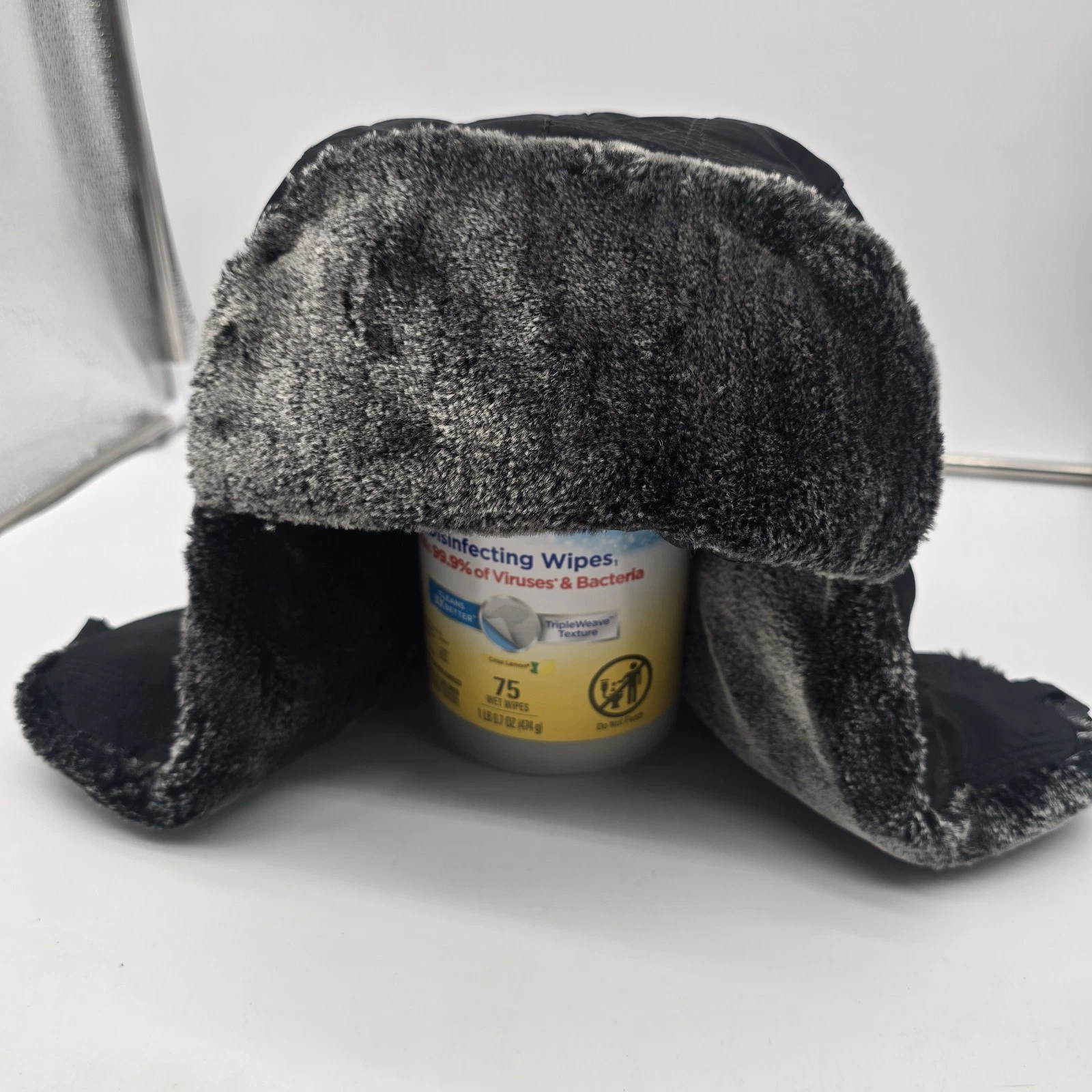 Trapper Hat Cap Black with Gray Faux Fur Lining Ear Flaps Clips