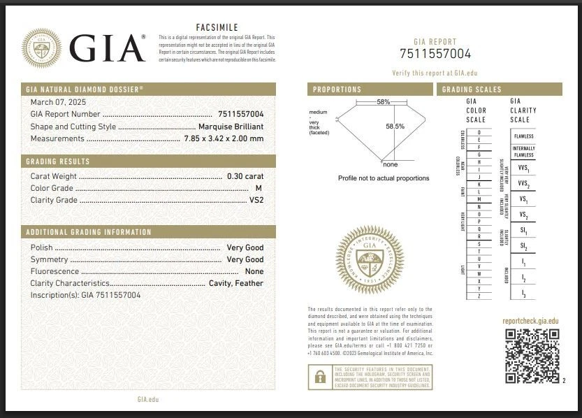 Color M/VS Clarity Loose Marquise 7x3 mm Natural Diamond GIA Certified 0.30 Ct - Image 3 of 4