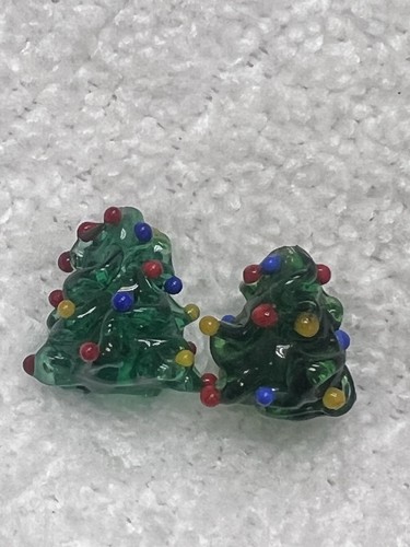 2 Older Lampwork Handmade Christmas Tree Art Glass Beads 5/8"L 5/8" Base