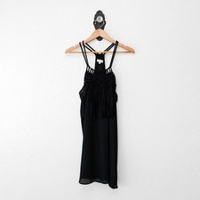 Umgee Black Crochet Fringe Dress Womens L Boho Sleeveless Strappy Festival Mini