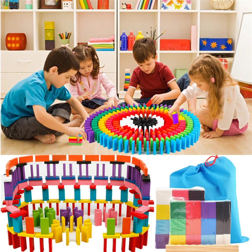960Pcs Wooden Coloured Tumbling Dominoes Block Family Games Kids Play Set Toy UK - Image 2 of 4
