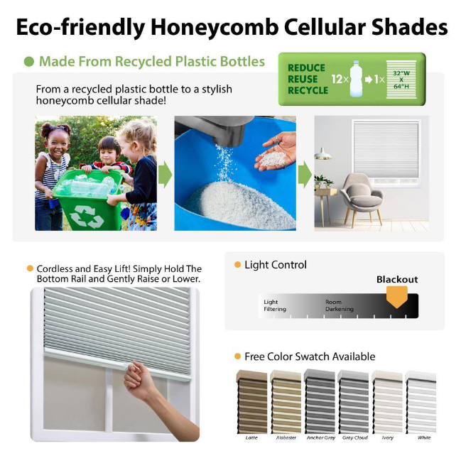 White Cordless Eco Polyester Honeycomb Cellular Shade 32in. W x 84in. L