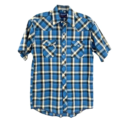 90s Wrangler Mens Pearl Snap Shirt X Long Tails Cowboy Size XL Blu Plaid Western - Image 4 of 4