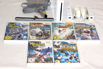 Nintendo Wii Konsole+2 Controller & Nunchucks +6 Rayman Raving Rabbids Spiele