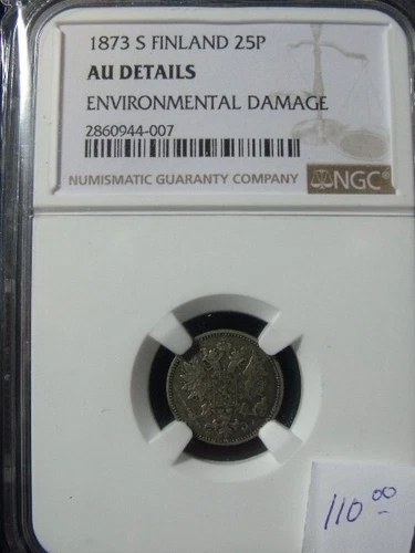 1873S  25 PIENNIA        Finland        NGC  AU DETAILS ENVIRO DAMAGE SHIPS FREE