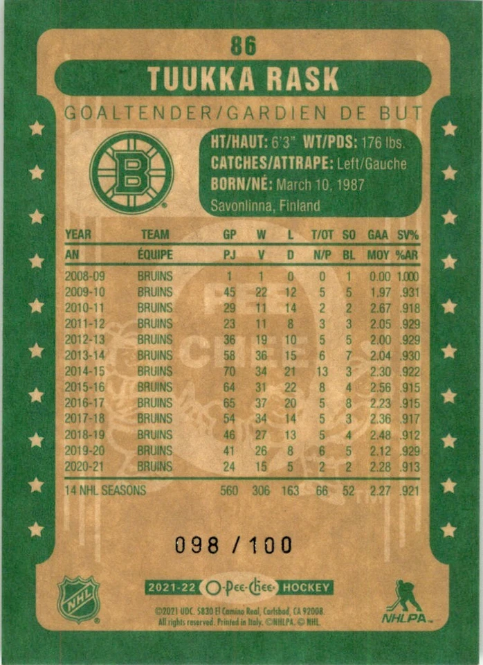 2021-22 O-Pee-Chee Retro Black Border Tuukka Rask 098/100 #86 - Image 2 of 2