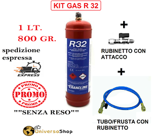 GAS R32 REFRIGERANTE RICARICA PER CLIMATIZZATORI +FRUSTA CON RUBINETTO+RUBINETTO