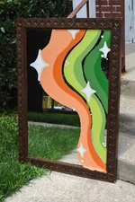Hand Painted Mirror Midcentury Modern Curved Design and Carved Wooden Frame 