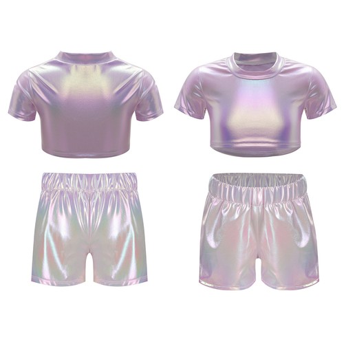 Kids Girls Top And Shorts Shiny Dance Outfit Performance Jazz Activewear Stage - Picture 28 of 67