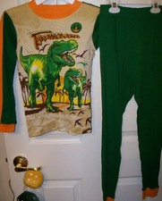 Dinosaur TREX Green Orange Long Pajama PJ 2 Piece Set Boys Size 8 NWT