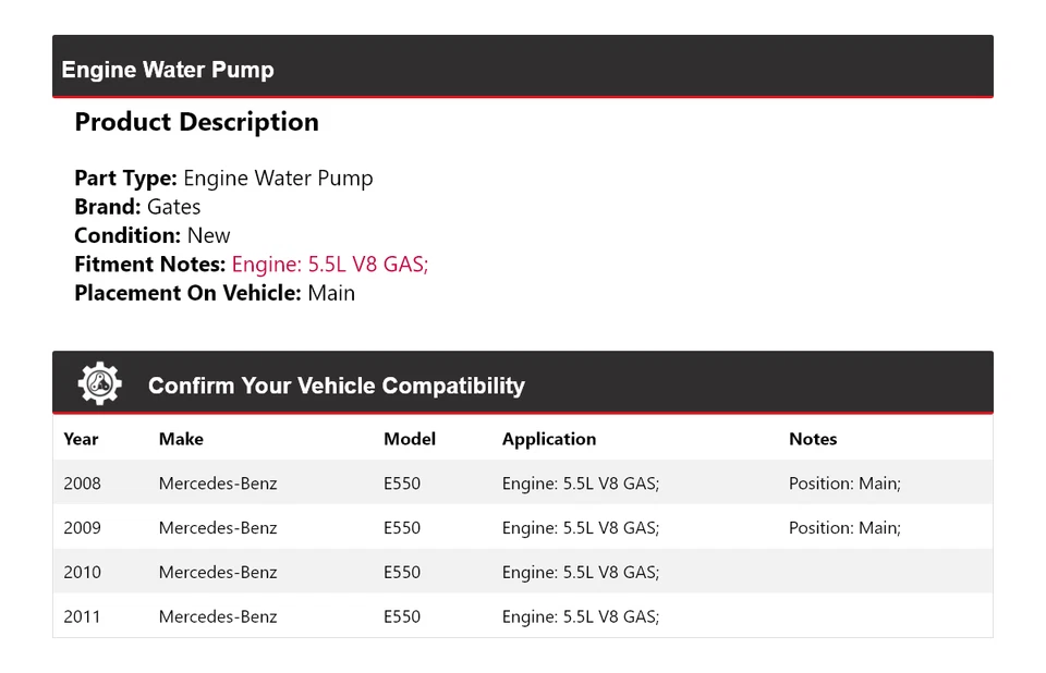 Para Mercedes-Benz E550 2008-2011 5,5 L V8 motor de gas bomba de agua puertas 2009 2010 Foto 2 de 4