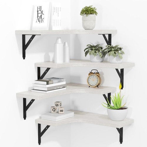 ROMGUAR CRAFT Corner Floating Shelves Wall Mounted Set of 4, Rustic Wood Stor...