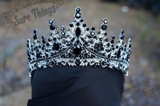 Silver Metal Tiered Black Crystal Tiara   Bridal Goth Crown