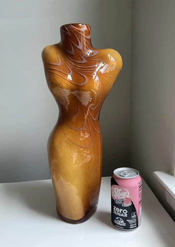 Vintage XL Murano Woman bust torso Art Glass Sculpture Vase Amber Caramel Cased