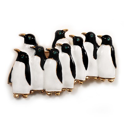 Schwarz-weiße Emaille Brosche ''Pinguinfamilie'' (vergoldet)