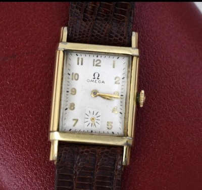 1950 Men's Omega 14K Gold Filled Tank Wristwatch Working w Domed Crystal