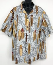 Bishop St Mens Aloha Hawaiian Button Up Shirt XXL Grey Paddle Board Palm Tree