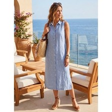 Tommy Bahama Blue Chambray Linen Sleeveless Button Front Dress M Euro Summer