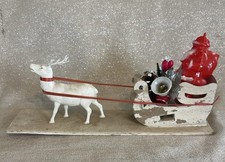 Vintage Hard Plastic Sleigh with Santa Claus, Single Reindeer Tree 12 X 3
