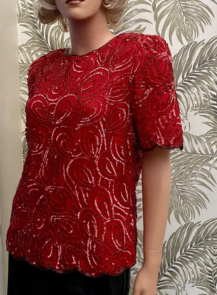 Top de lentejuelas de seda rojo Y2K con cuentas brillantes para mujer mediano evento de Navidad glamour Foto 2 de 4