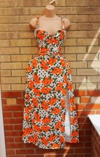 Prettylittlething white orange print strappy split long maxi summer dress 14 L