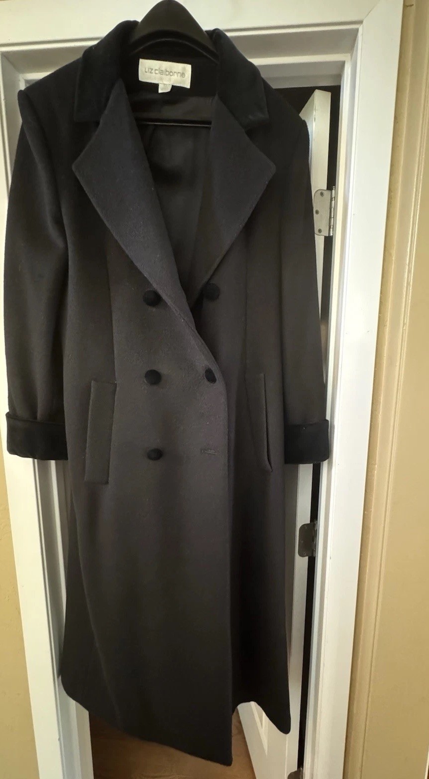 VTG 90s Liz Claiborne 100% Wool Trench Coat Black Velvet Collar Cuffs Womens 12