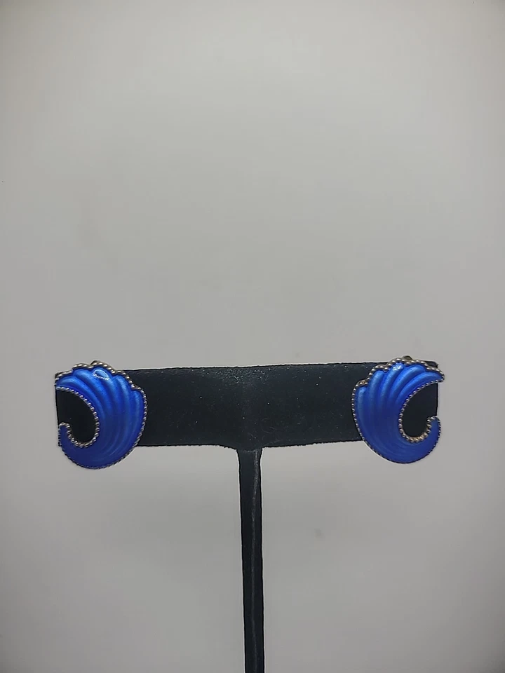 Pendientes Vintage Plata de Ley 925 Clip En Noruega Guilloche Azul Elvick Foto 2 de 4