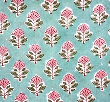 By the Yard Green Pink Block Print Indian Floral Fabric for Sewing Dressmaking