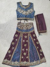 Indian Girls Dress, Blue/Brown, Heavy Stone Handwork Size 28, Age 6-8, 3pcs set