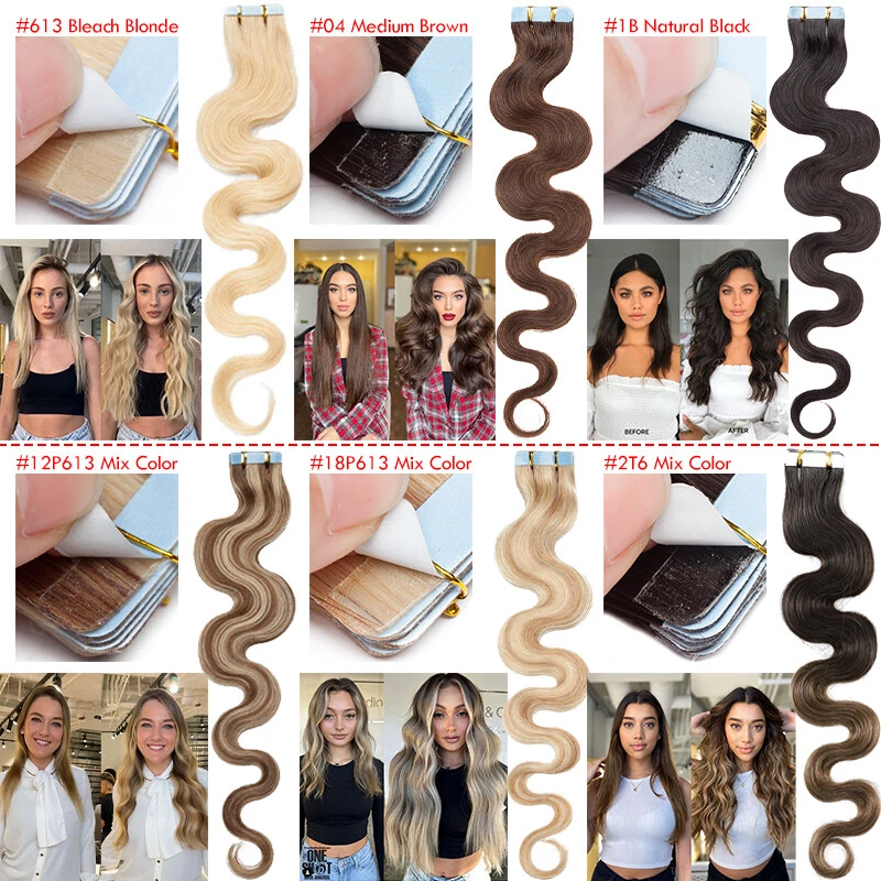 60 PIEZAS Cinta en Extensiones de Cabello Humano Virgen Real SkinWeft Balayage Grueso BodyWave Foto 3 de 4