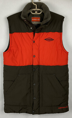 Merrell Opti-Warm Mens Quilted Puffer Vest Jacket Small S Brown/Orange Poly EUC