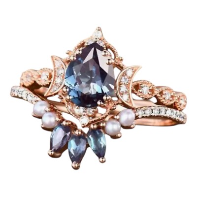 Rose Gold Boutique Blue Cubic Zirconia Women s Moon Ring Size 7  ️