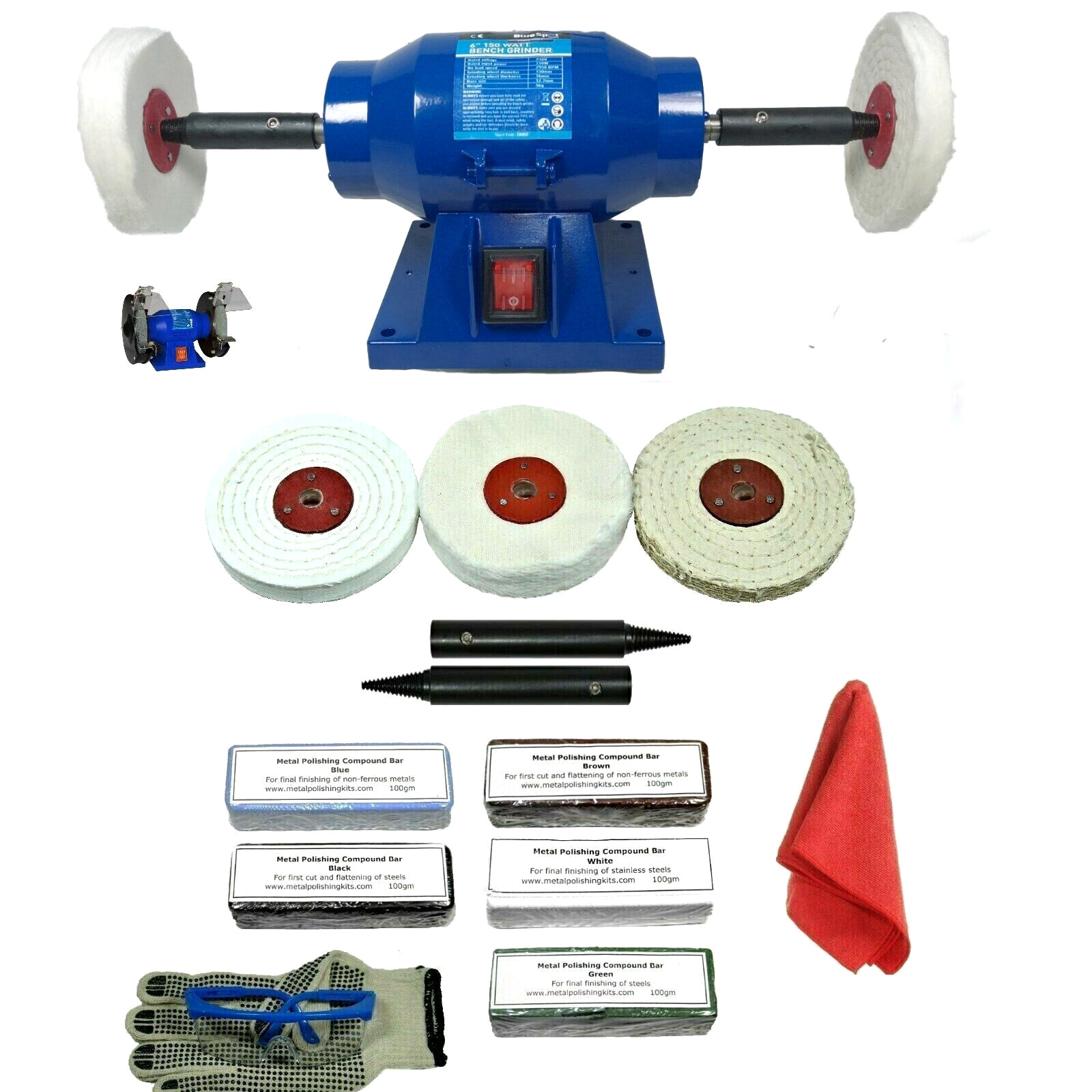 150W 6in Bench Grinder With Add-On 4in Metal Polishing Buffing Kit + Safety Wear