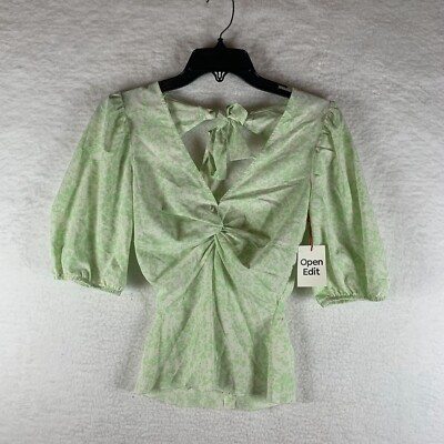 Open Edit Top Women 2XS Green/White Stretch Puff Sleeve Twist Front V-Neck 6392