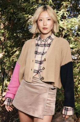 NEW Forever 21 Taupe Black Pink Color Block Crop Cardigan Sweater