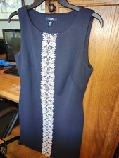 Chaps Sleeveless Pencil Dress sz 10 Navy Stretch Knit White Lace Trim Down Ctr