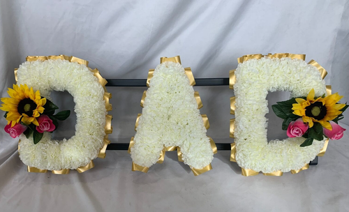 DAD Artificial Silk Funeral Flower Tribute Name Wreath Any 3 Letter Sunflowers - Picture 2 of 6